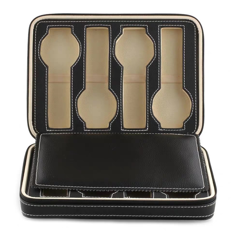 Portable Zipper Watch Cosmetics Bag Pu Leather Simple 8-Bit Travel Watch Famous Watch Storage Box Manufacturer Wholesale