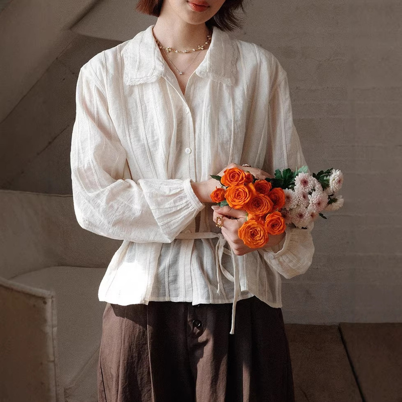 White Drawing Workshop "Angelia" 26Ss Early Spring New Striped Jacquard Adjustable Waist French-Style Shirt for Women