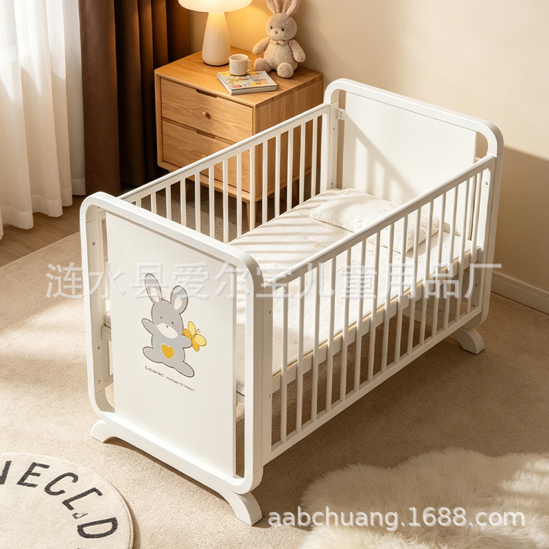 In-stock solid wood baby crib, multifunctional splicing large bed, cute cartoon design for newborns, direct sales from cross-border factory