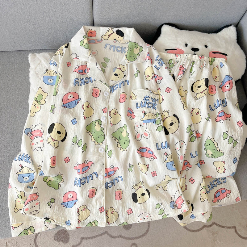 工厂直销云朵棉新款睡衣女长袖长裤开衫翻领卡通大码家居服套装|undefined