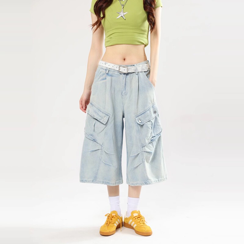 American Retro Light-Colored Distressed Multi-Pocket Cargo Denim Shorts for Women, Summer High Street Loose Wide-Leg Cropped Pants