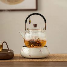 2024新款煮茶套装手绘粉兰花静音陶瓷电陶炉玻璃壶明火耐高温