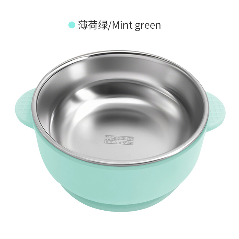 Hot sale 304 acero inoxidable para niños cuencos de arroz cubiertos de doble capa de silicona a prueba de quemaduras y caídas