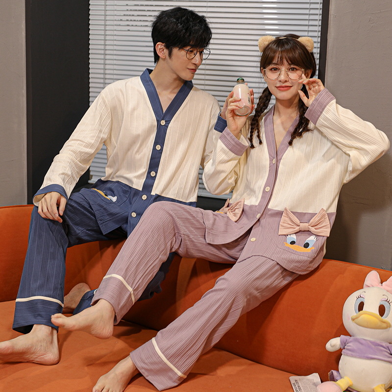 Pijamas de pareja de Mujeres de primavera y otoño de algodón de manga larga de los hombres más tamaño prendas de vestir exteriores cardigan simple