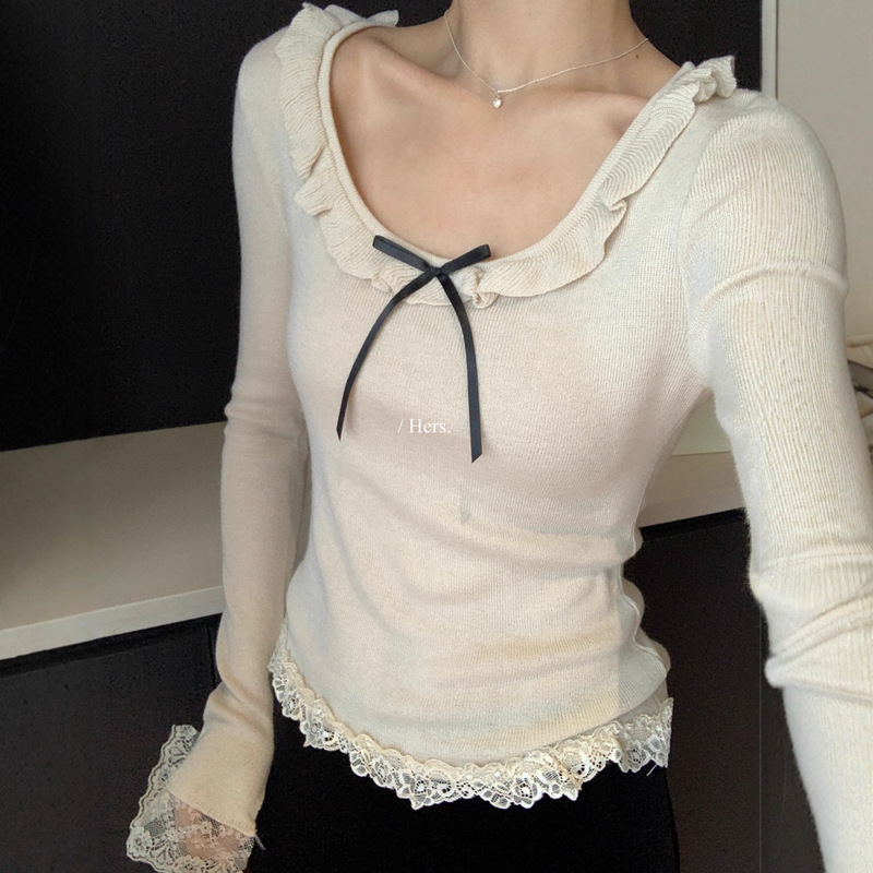 Hers Sweet Autumn/Winter French Retro Lace Patchwork Bowknot Elegant Versatile U-Neck Long Sleeve Knit Sweater