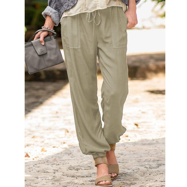 summer solid color elastic trousers