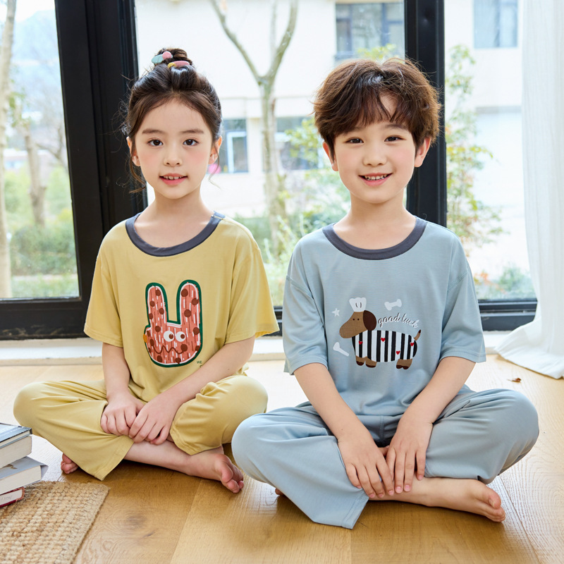 Children's Tencel Lyocell Home Wear Set Summer Air-Conditioned Clothing for Boys and Girls Baby Long Pants Pajamas Set