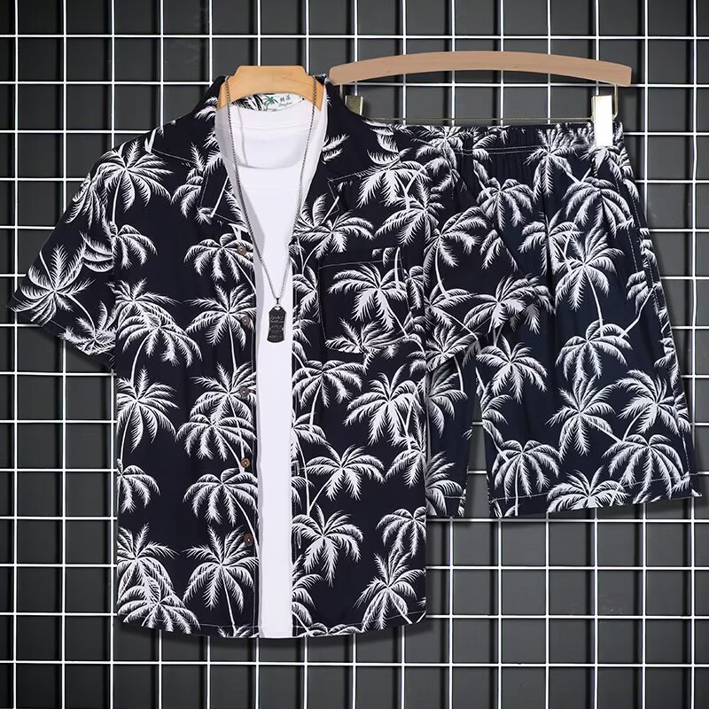 Hainan Island Beachwear Sanya Tourism Men's and Women's Short-Sleeve Printed Shirt Hawaiian Casual Couple Cotton Set