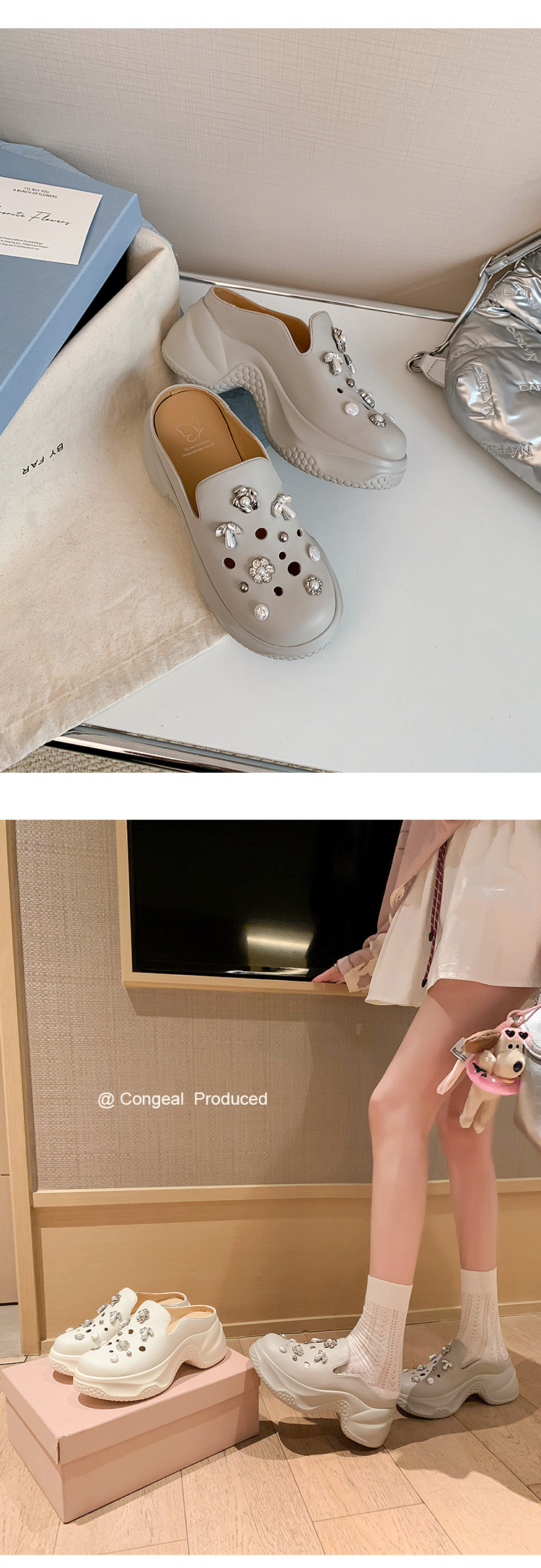 Dép lê bít mũi độn cao da thật 7cm cho nữ, phong cách sandal lỗ xốp mùa hè, đính ngọc trai đinh tán — Màu trắng, Màu xám chi tiết 25