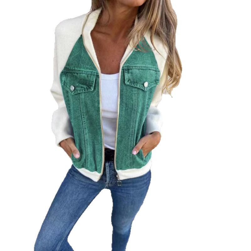 Autumn/Winter Denim Patchwork Jacket With Shoulder Sleeve Design, Feminine Style_voghion.com