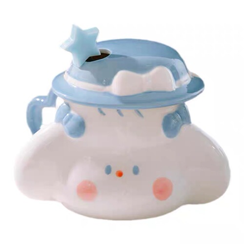 Cute Fufu Dog Ceramic Cup with Lid Spoon Couple Water Cup Soft Cute Healing Breakfast Mug with Straw 