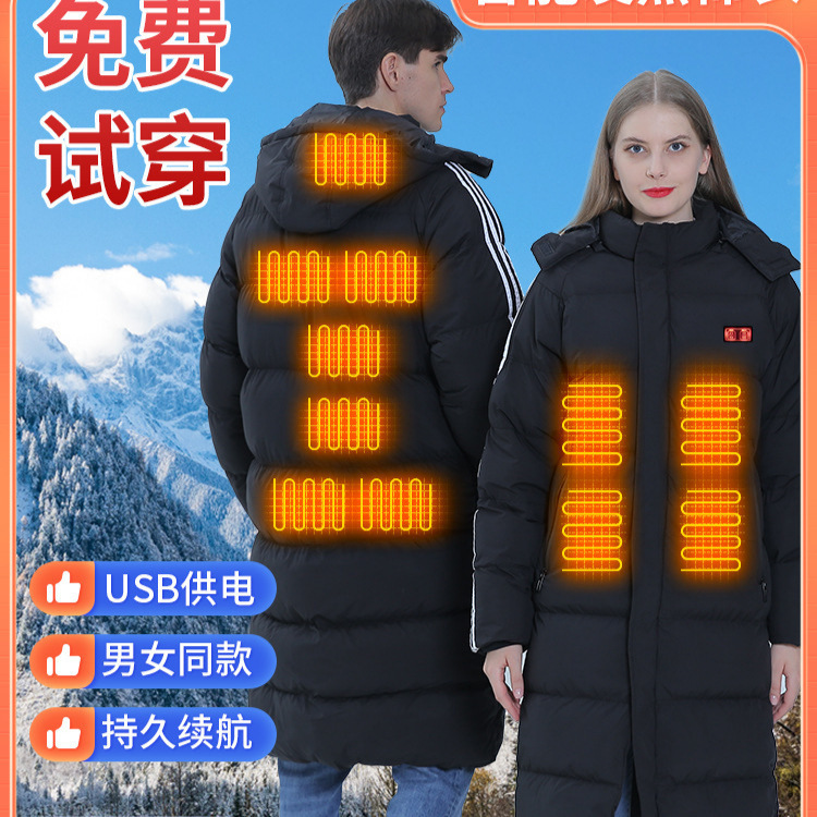 Cross-border new winter 11 zone heating down cotton-padded jacket heating long coat smart electric heating clothes warm cotton-padded jacket