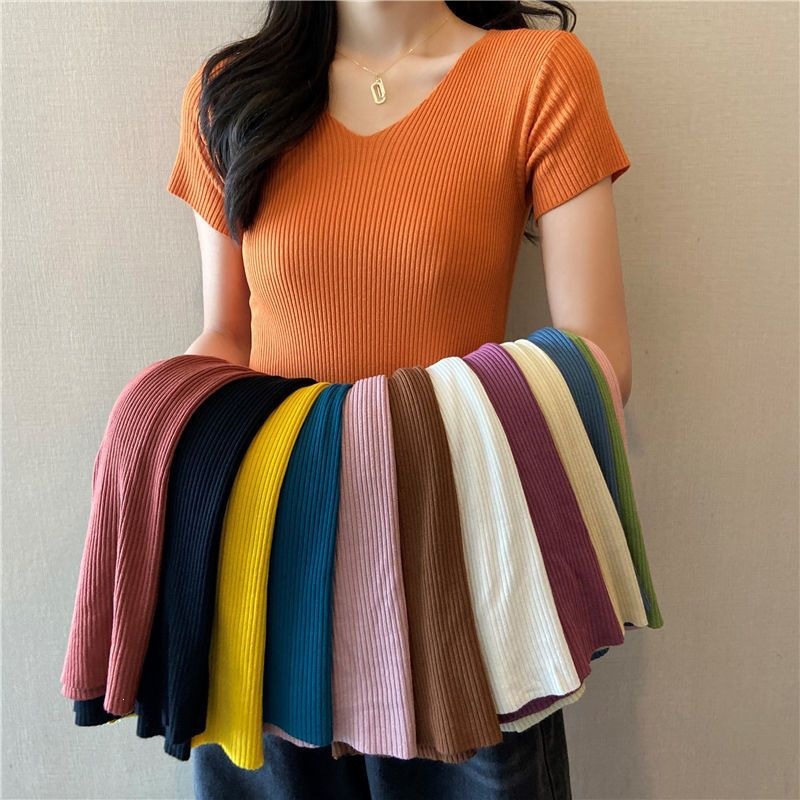Women's Summer Ice Silk T-Shirt, V-Neck Short Sleeve, New Korean Style Slim Fit Base Layer Top, Versatile Solid Color Student Slimming Knitwear