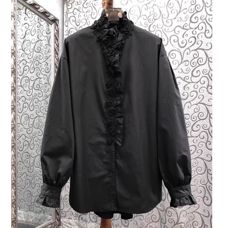 Трехмерный бисер цветочная рубашка женская тяжелая промышленность ранняя весна 2025 новый французский лотос с длинными рукавами и воротником