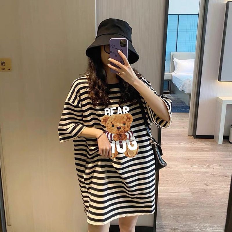 Pregnant women's short sleeve T-shirt summer outfit Korean style loose round neck dress middle-long length large size belly cover black and white striped top