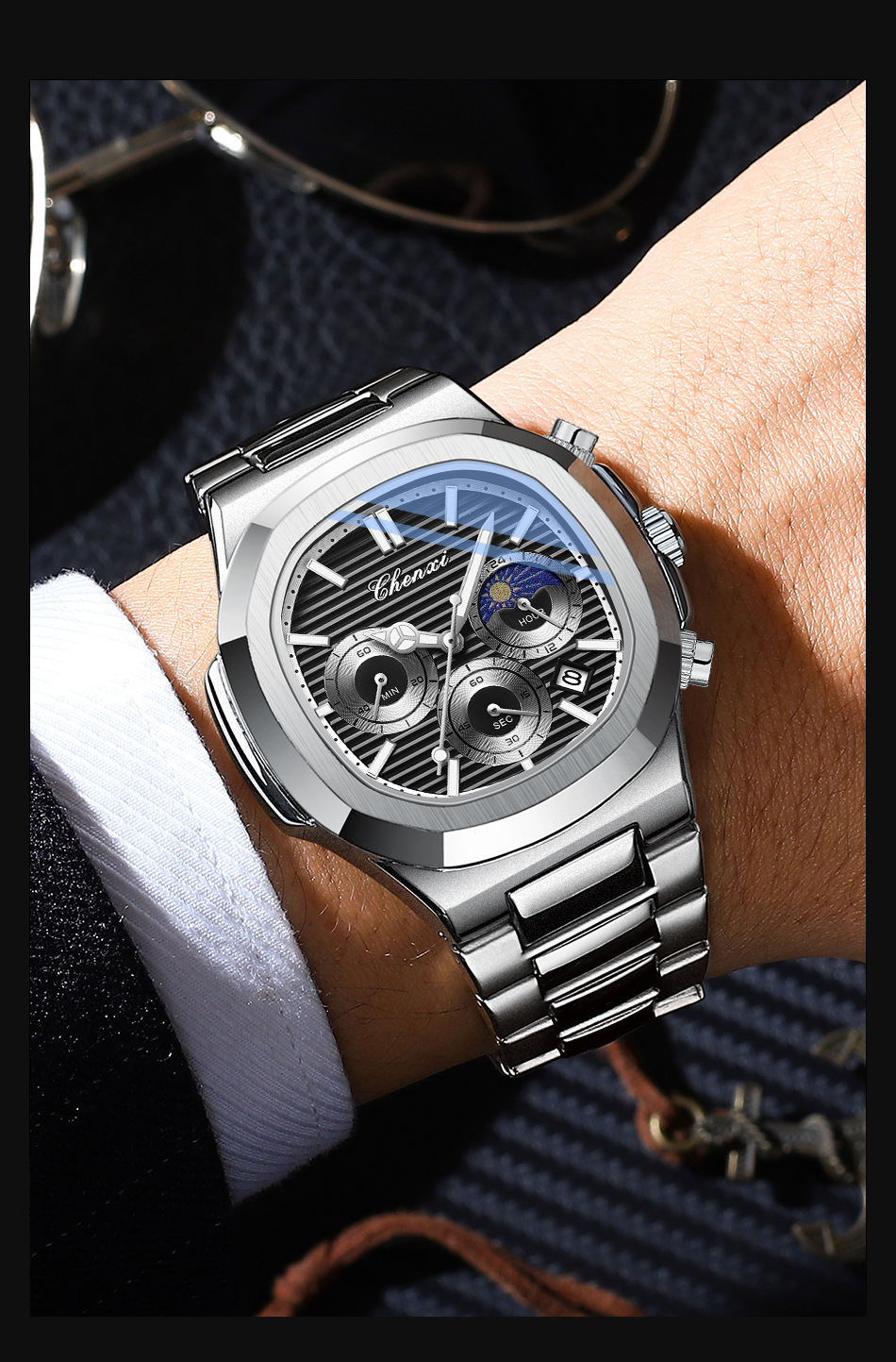 Men's Quartz Watch Multi-functional Chronograph Calendar Lunar Phase_voghion.com