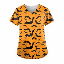 2024跨境外贸V领口袋T恤短袖护工服万圣节印花欧美女装一件代发