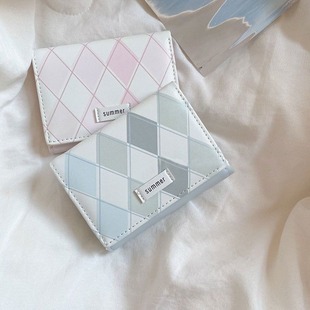 Sea Salt Blue Plaid Wallet Fresh Style Simple Ins Style Korean Multi-Functional Student Wallet Coin Card Holder All-In-One Bag
