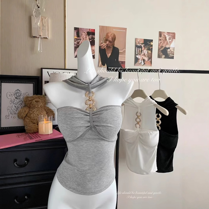 Designed Black Knitted Halterneck Tube Top for Women in Summer Slim Fit Sleeveless Pure Desire Short Outer Top
