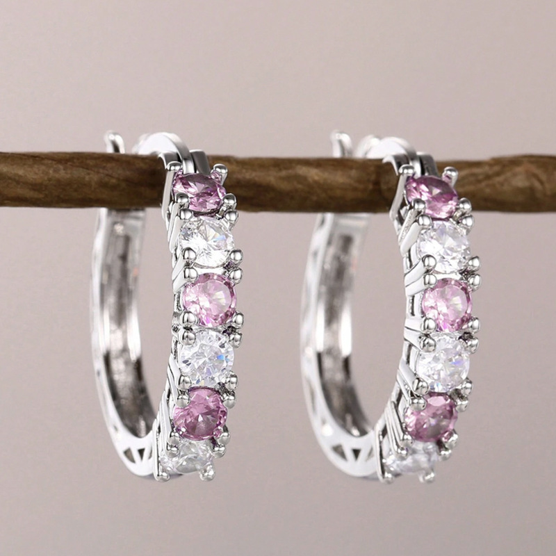 Cross-border Hot Selling Zircon Ear Buckle European and American Fashion Simple Pink Zircon Women's Earrings High-grade Ear Ring
