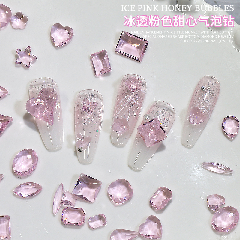 New style ice transparent pink sweet bubble diamond nail jewelry popular online popular fat square love nail rhinestone decorations