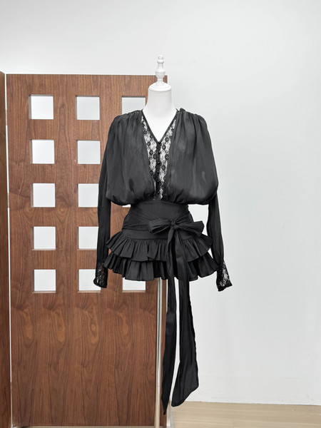 Vietnamese Niche Design Chanclo*I New Fashion Sexy Long-Sleeved Waistband Bow Puffy Skirt