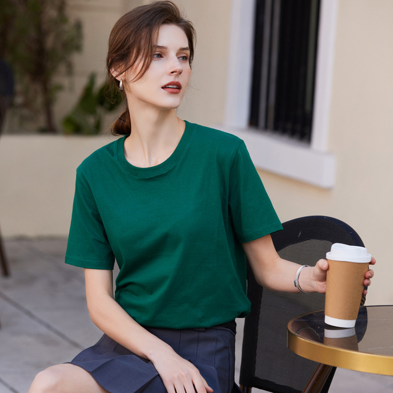 Short-Sleeved T-Shirt for Women, Summer Xinjiang Long-Staple Cotton Half-Sleeved Women's T-Shirt, New Style Double-Layer Collar Pure Cotton Short-Sleeved Women's T-Shirt Top