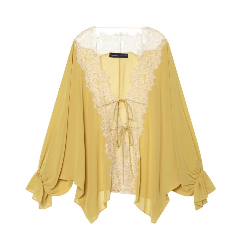 61682 European and American 2026 New Style Ins Fashion Elegant Women's Long-Sleeve Casual Asymmetrical Transparent Lace Shirt