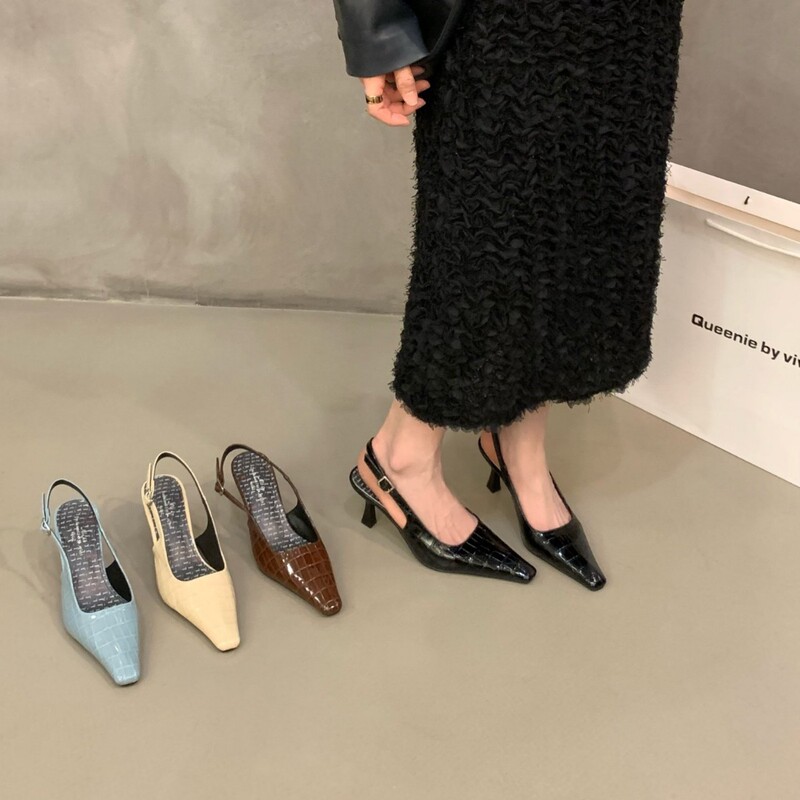 Unique Patent Leather Black High-Heeled Shoes with Open Back for Women, 2026 Spring/Summer Stylish Small Square-Toe Closed-Toe Sandals