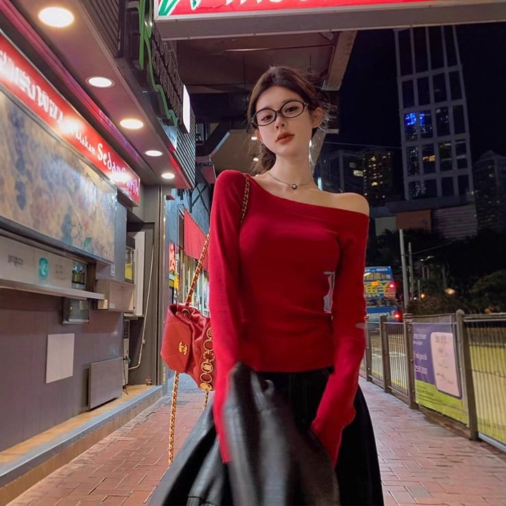 灰色长袖斜肩针织打底衫女装春季内搭露肩毛衣chic甜辣妹修身上衣|undefined