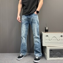 高端美式复古牛仔裤男合身小直筒水洗做旧蓝色长裤2026春夏季新款