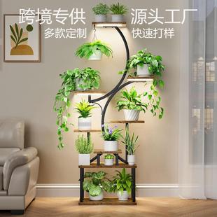 Multi-Layer Plant Stand Cross-Border Wholesale Indoor Flower Stand Balcony Decoration Iron and Wood Combination Living Room Metal Flower Pot Stand