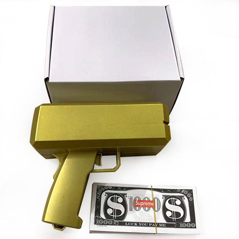 Venta de oro caliente MoneyGun pistolas de pulverización de dinero, pistolas de pulverización de dinero, juguetes, pistolas de billetes, pistolas de juguete