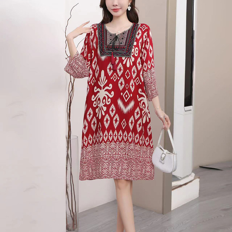 タイ風Aラインコットンワンピース、夏向け、クロスボーダーコットンシルクワンピース、アーティスティックレトロエスニック風婦人服
