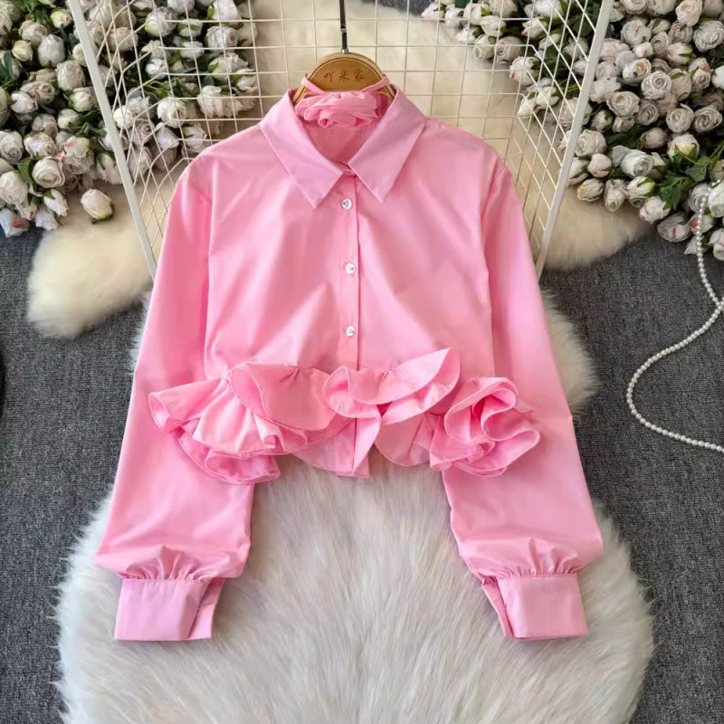 Сладкий трехмерный орнамент с рюшами темпераментный дизайн рубашка 2025 новый шикарный тонкий тонкий короткий топ