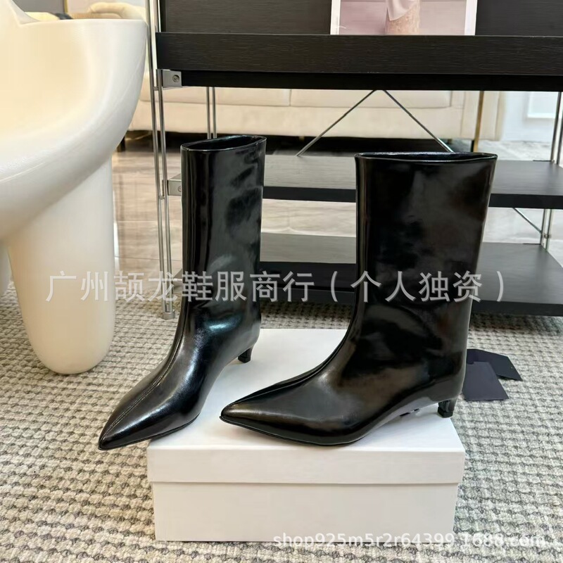高端2025秋冬时髦真皮尖头复古猫跟显瘦中筒靴女宽筒时装单靴裸靴|undefined