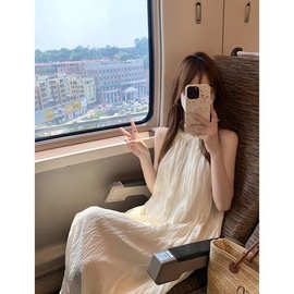 甜美挂脖连衣裙仙女夏季2024新款白色裙子无袖时尚气质a字长裙潮