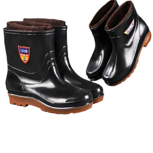 Thickened snow boots with fixed plush cowhide-rubber soles, men's non-slip mid-calf lined rain boots—integrated rubber waterproof short-style footwear