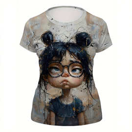 2025新款女士艺术插画女孩印花短袖面料柔软舒适透气轻便个性上衣