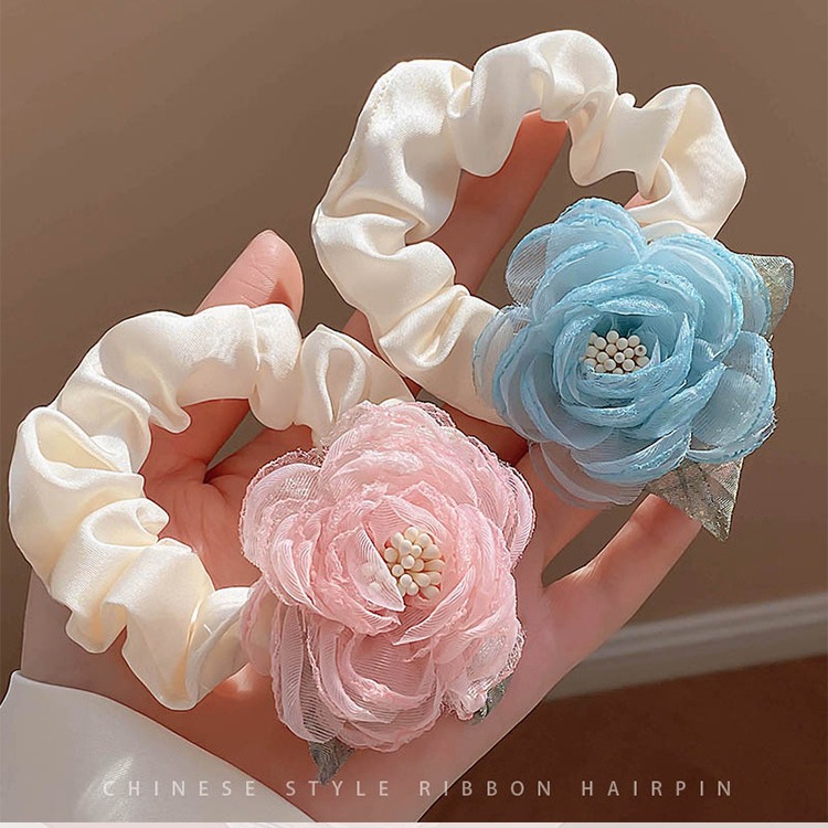 森系网纱玫瑰花朵缎面发圈仙女油画碎花发绳甜美少女春夏丸子头饰