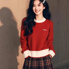 2025上衣女秋冬季设计感小众甜美圆领拼接红色毛衣潮假两件针织衫