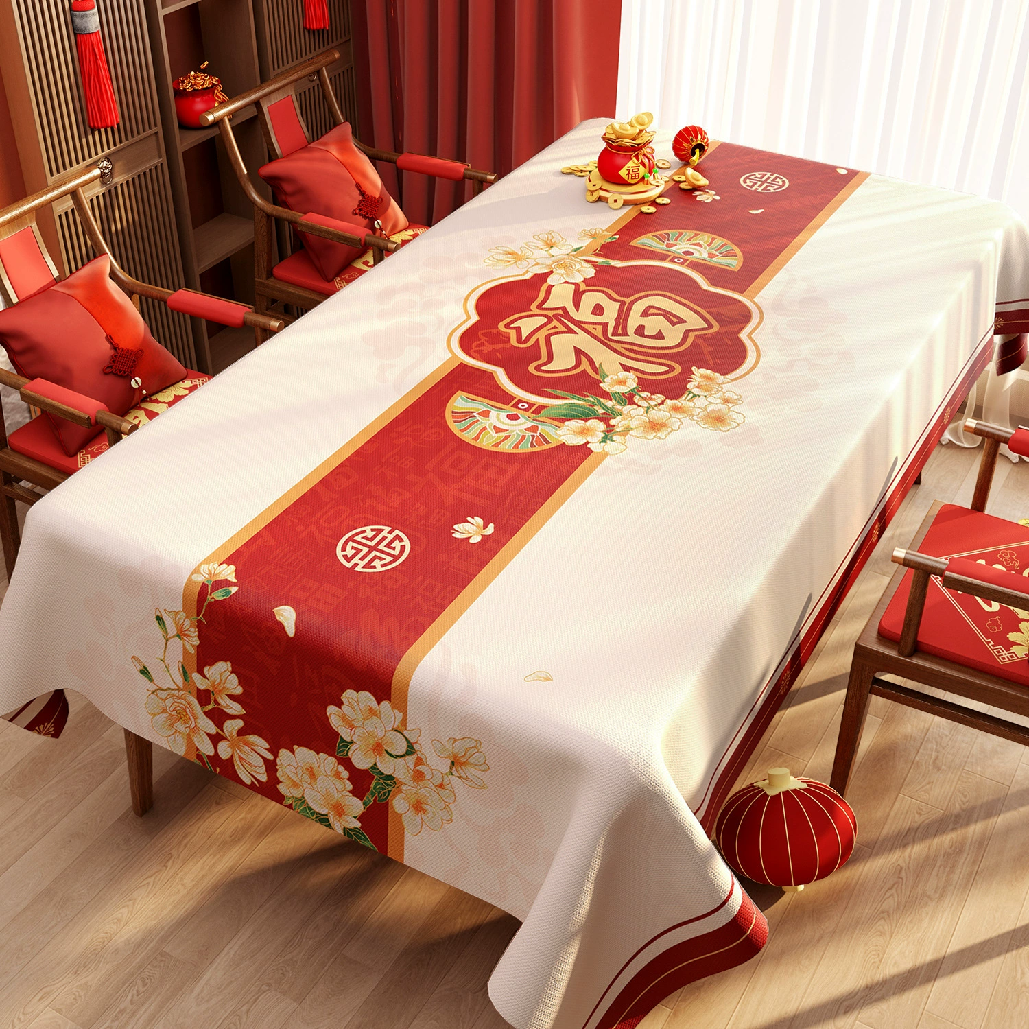 New Chinese New Year red festive atmosphere PVC waterproof and oil-proof tablecloth Spring Festival blessing Chinese coffee table tablecloth