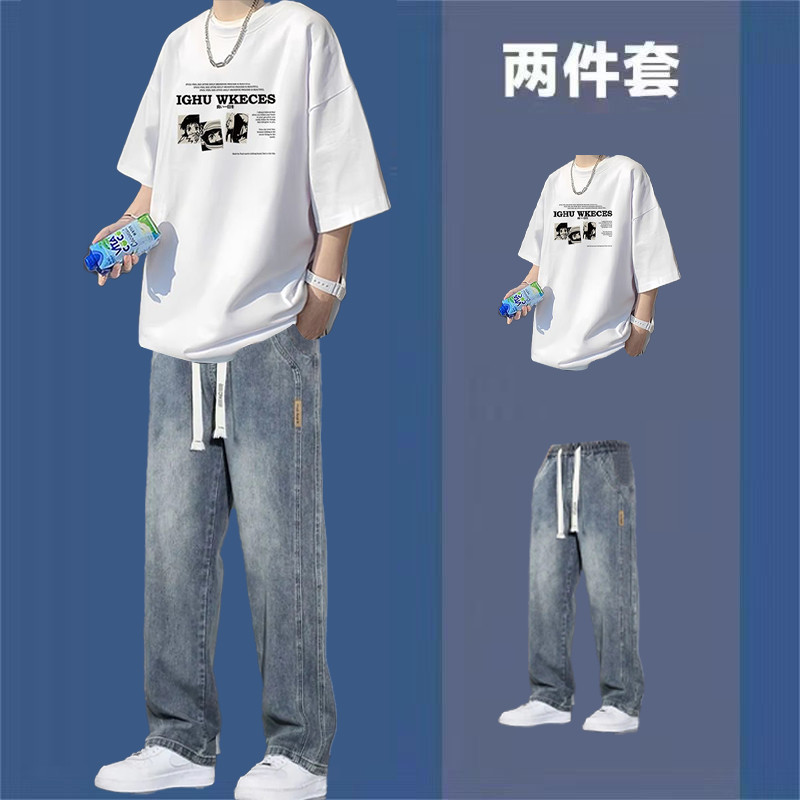 Hong Kong Style Short-Sleeved Suit for Men, Summer Trendy Brand Youth Fashion Set with Jeans, Loose T-Shirt Two-Piece Set Hong Kong Style Short-Sleeved Suit for Men, Summer Trendy Brand Youth Fashion Set with Jeans, Loose T-Shirt Two-Piece Set