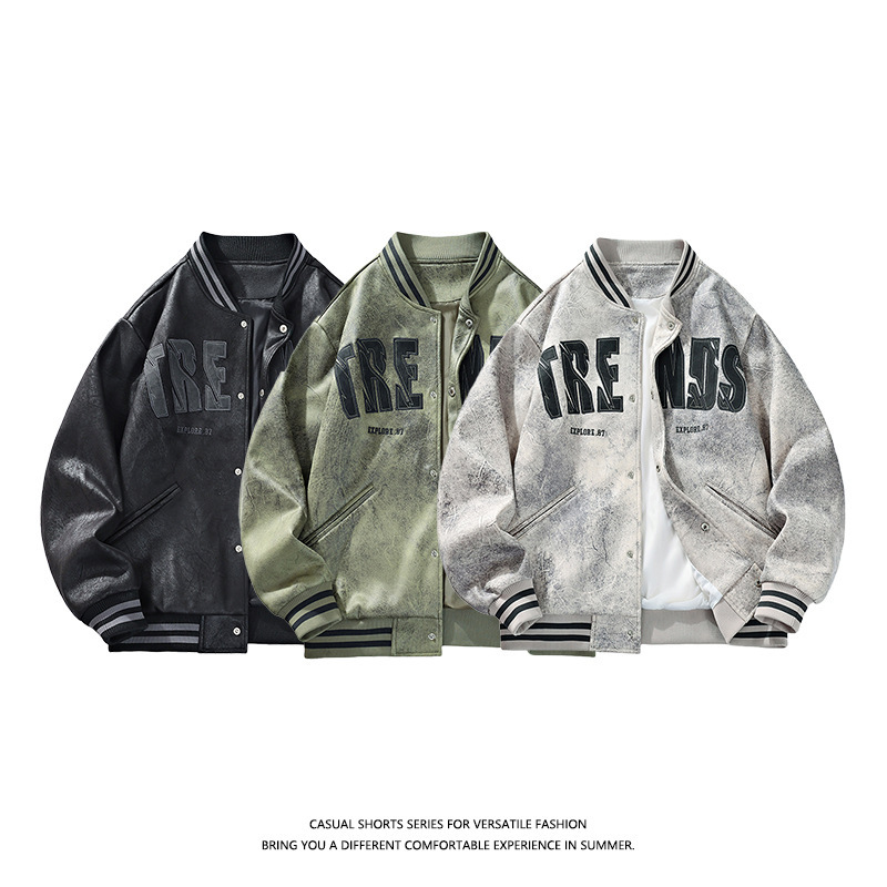 American High Street Suede Stand Collar Workwear Bomber Jacket Men's Trendy Brand Zipper Design Baseball Jacket Large