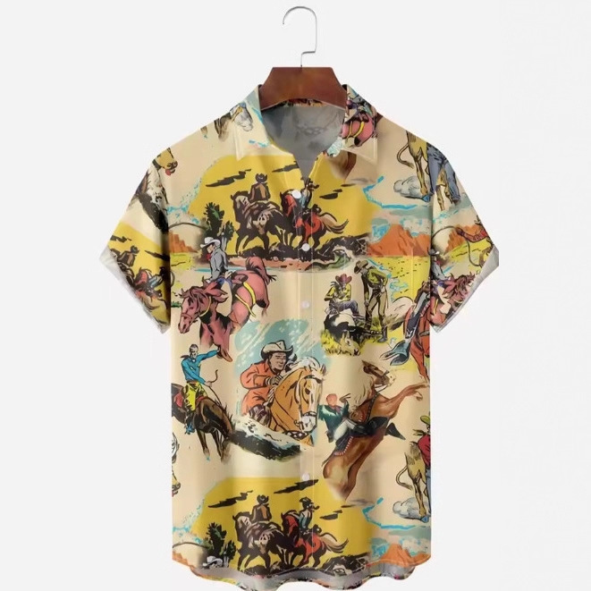 2025 Hawaiian Cowboy Shirt for Men, with a 3D Large 3D Digital Stamp on the Top, Sports Casual Shirt