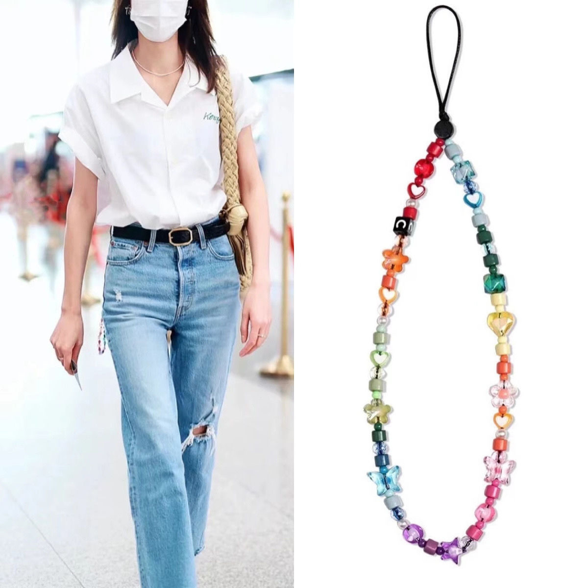 Zhou Yutong and Zhang Jingyi's same style phone charm, Y2K European and American Bohemian style, rainbow-colored enamel alloy beads, INS style.
