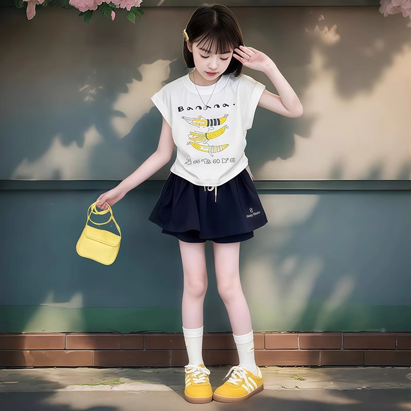 Girls Short-Sleeved T-Shirt Suit Summer 2025 New Kidsren's Style Tops Summer Clothes Little Girl Culottes Two-Piece Set