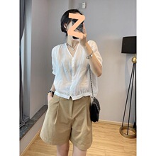 跨境短袖领泡泡袖衬衫女夏新款薄款休闲白色小衫衬衣欧货欧洲站