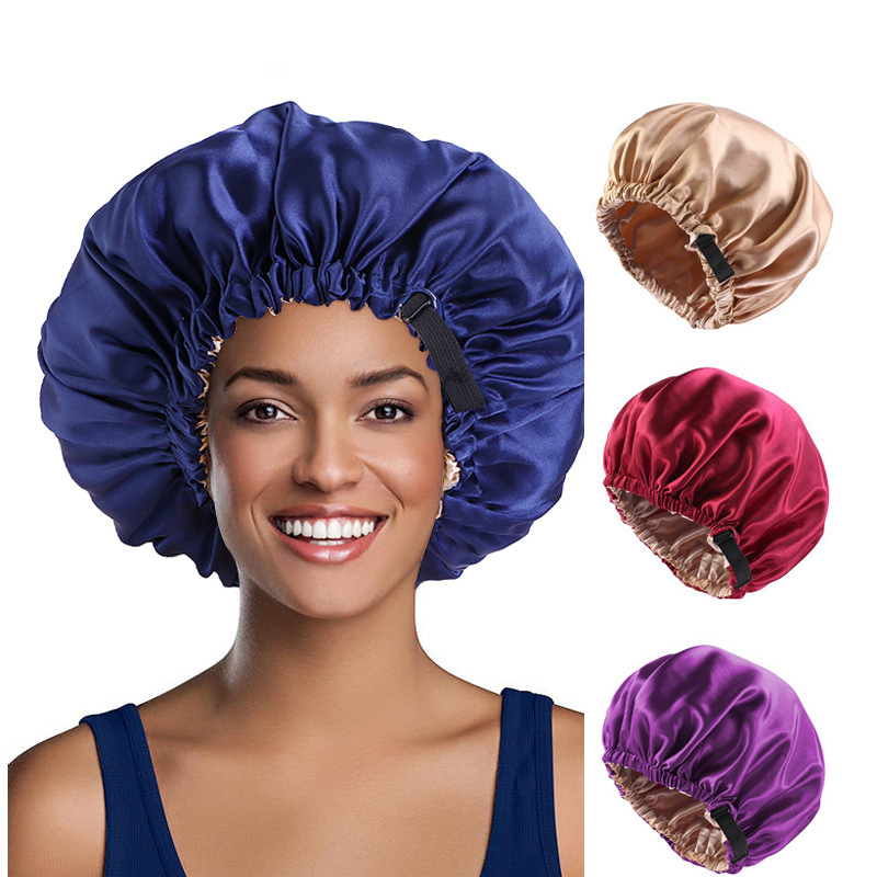 Velcro Adjustable Double Layer Satin Sleep Cap Solid Color Elastic Shower Cap Beauty Hair Protection Hat European and American Popular Style