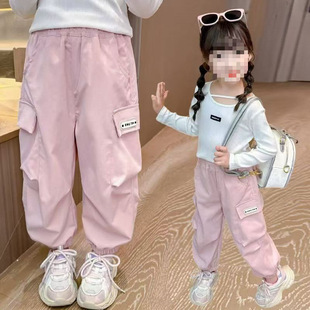 Trendy Summer Thin Large Pocket Children's Cargo Pants Baby Pink Children's Spring and Autumn Pants
